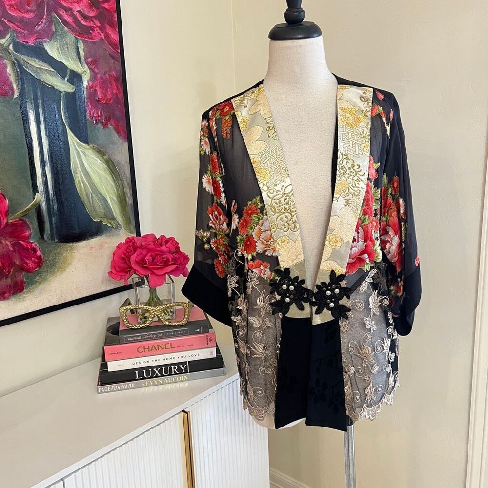 Spencer Alexis Women's Floral Silk Blend Chiffon Kimono Jacket Multicolor Large
